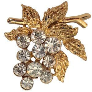 Trifari Crown Over T Gold Tone Clear Rhinestone Grape Cluster Bunch Brooch, M592